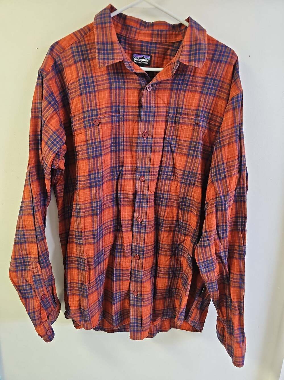 Patagonia Mens Organic Cotton Plaid Button Down Shirt Orange Navy Large L